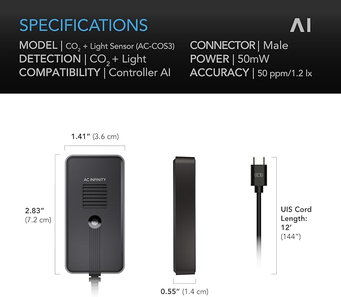 AC Infinity CO2 + Light Sensor, Exclusively Assists Controller AI+ Dynamically to Learn and Manage Equipment; CO2 Data Tracking Enables Smart Fan Programming for Optimized FAE, Day & Night Scheduling