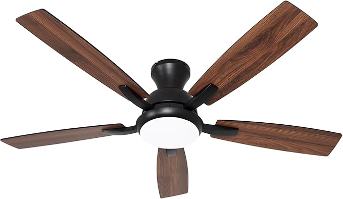 revoici Ceiling Fans with Lights, 52 Inch Black and Brown Wood Ceiling Fan, 6 Speed and Reversible DC Motor, Modern 5 Blade Low Profile Flush Mount Ceiling Fan for Living Room, Outdoor Patio