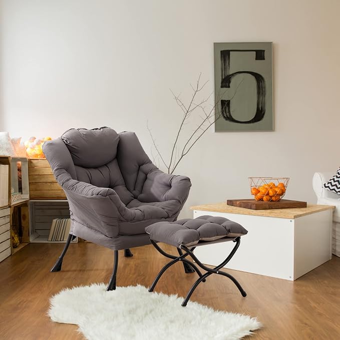 Lazy Chair with Ottoman, Comfy Accent Reading Chair, Dark Grey | Foldable - Image 10
