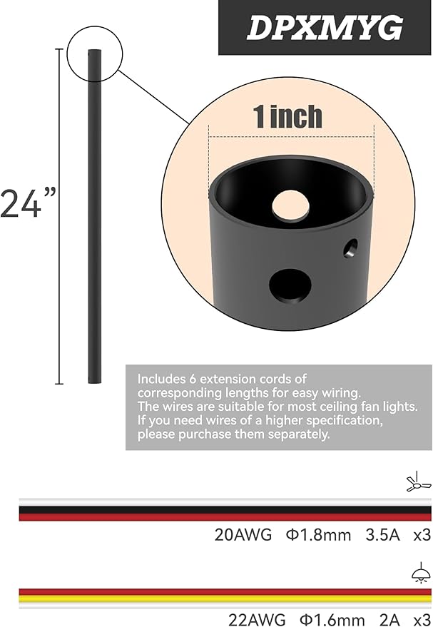 DPXMYG 24 inch Ceiling Fan Downrod with Extension Cord, 2 FT Black Downrod for Ceiling Fan, 1 inch Outside Diameter, Ceiling Fan Boom Suitable for a Wide Range of Fans (Black, Not Threaded)