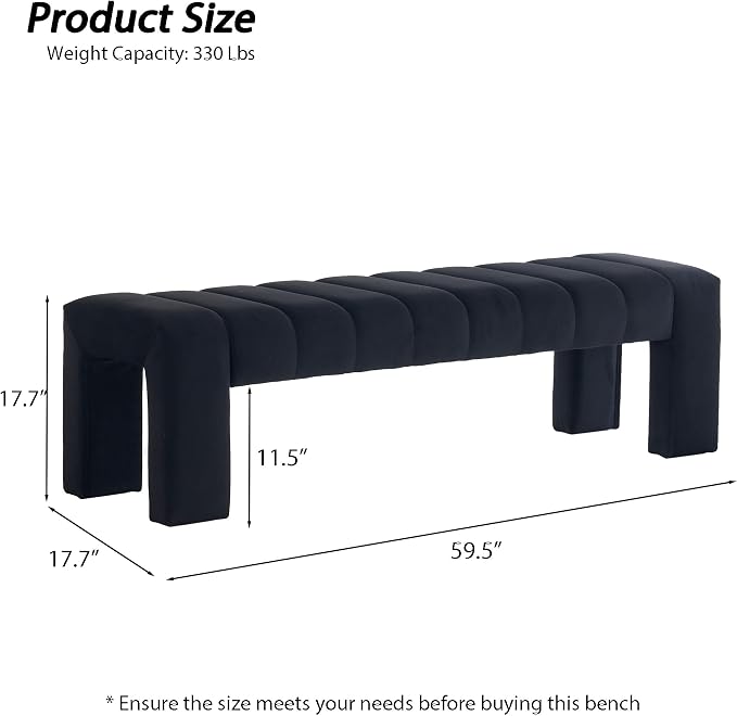 59" Velvet Black Bench for Bedroom King Size Bed Window End of Bed | Long - Image 2