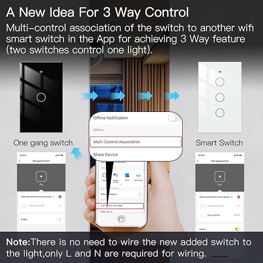 MOES 2.4GHz WiFi Wall Touch Smart Switch Neutral Wire Required, 3 Way Multi-Control, Glass Panel Light Switch Work with Smart Life/Tuya App, RF433 Remote Control, Alexa and Google Home Black 1 Gang