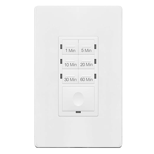 ENERLITES 1-Hour Countdown Timer Switch, 1-5-10-20-30-60 Min, for Bathroom Fans, Heaters, Lights, LED Indicator, 120VAC 800W, No Neutral Wire Required, UL Listed, HET06-J6-W, White, 1 Pack