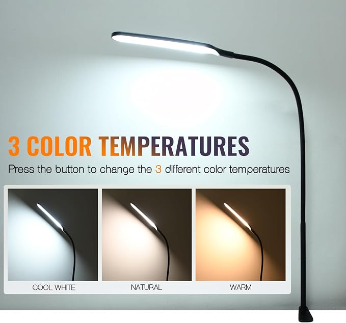 8W LED Desk Lamp with Long Gooseneck and USB Cable, 800LM | Metal Dimmable Clip - Image 2