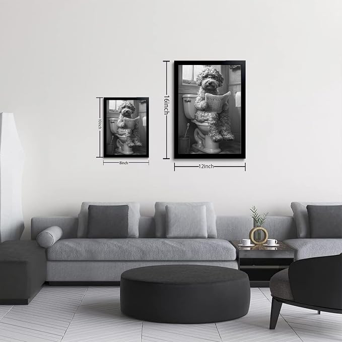 OIQArtOIQ Funny Bathroom Canvas Wall Art Black and White Wall Art Teddy Dog On - Image 5