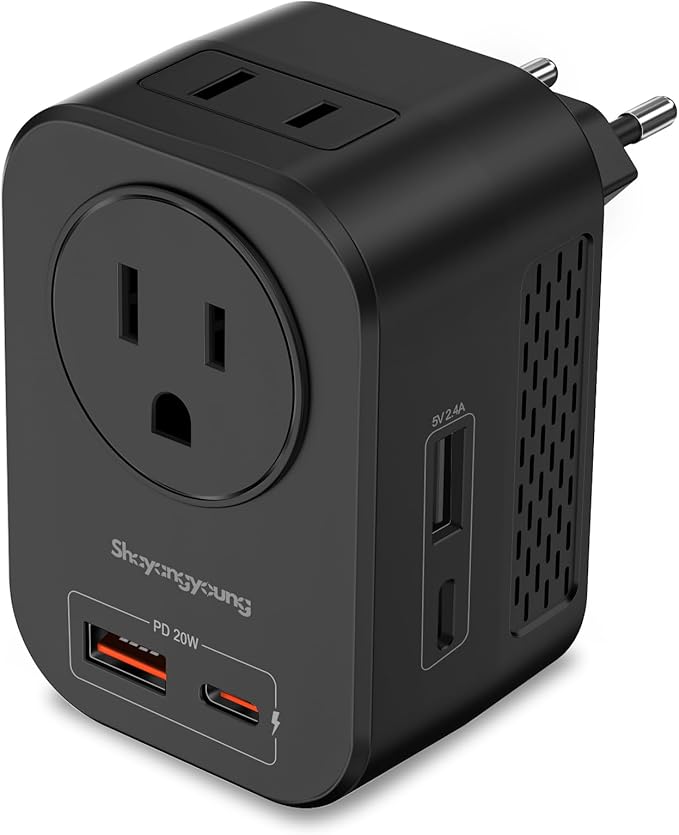 Shayangyoung 220V to 110V 20W PD Voltage Converter US to Europe International Universal Travel Adapter with 2 USB A 2 Type-C Port Worldwide Power Converters Plug Combo for Spain Italy (Black)-IZ