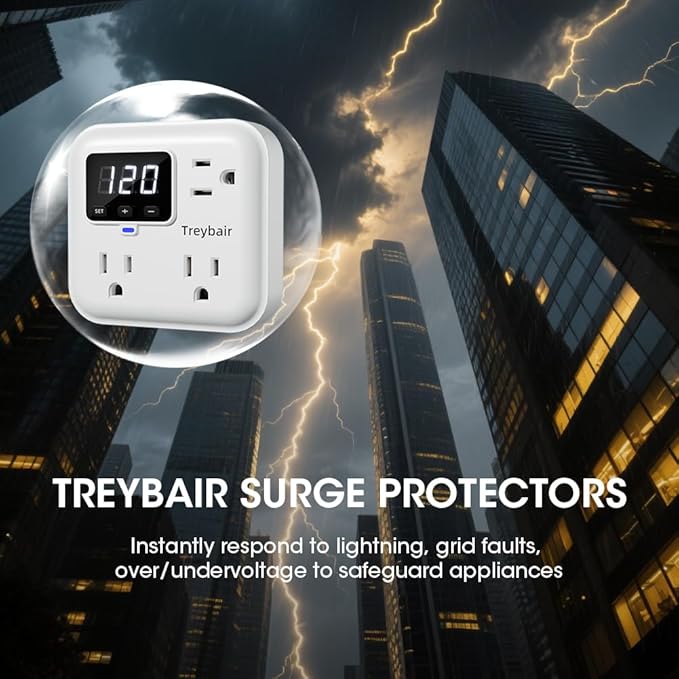 Surge Protector 3-Outlet Power Strip with Voltage Stabilizer, 80V-140V Power Surge Protectors for Refrigerator, TV, Computer | LED Display, Fireproof UL94V-1, Wall Mount,1800J,2 Pack