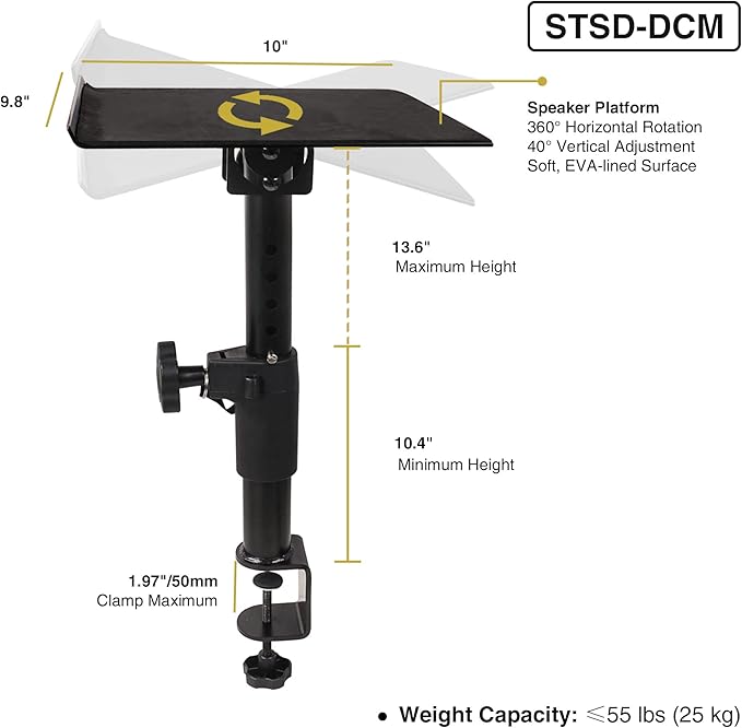 Sound Town 2-Pack Desktop Clamp-On Studio Monitor Speaker Stands with Horizontal/Vertical Speaker Orientation (STSD-DCM-Pair)