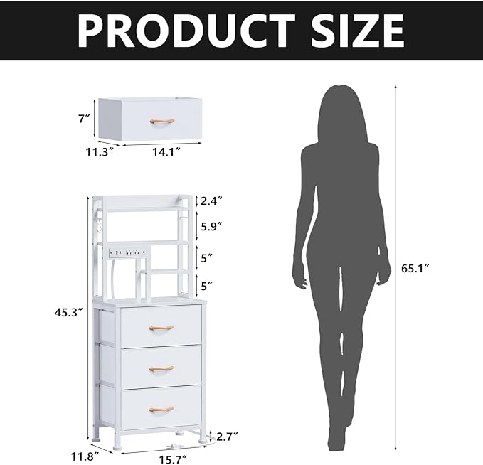 Tall Nightstand, 3 PVC Fabric Drawers and 4-Tier Storage Shelf, Bedside Table - Image 3