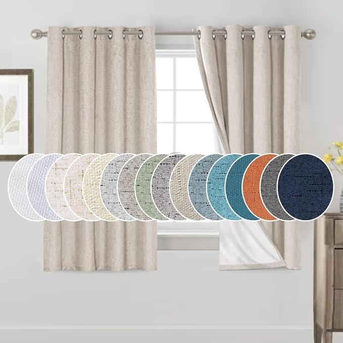 PrinceDeco 100% Black Out Curtains 64 inch Long 2 Panels for Bedroom Anti-Rust Grommet Thermal Insulated Flax Textured Full Blackout Window Draperies with White Liners,Set of 2,W42 X L64,Natural