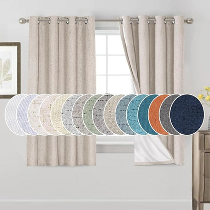 PrinceDeco 100% Black Out Curtains 64 inch Long 2 Panels for Bedroom Anti-Rust Grommet Thermal Insulated Flax Textured Full Blackout Window Draperies with White Liners,Set of 2,W42 X L64,Natural