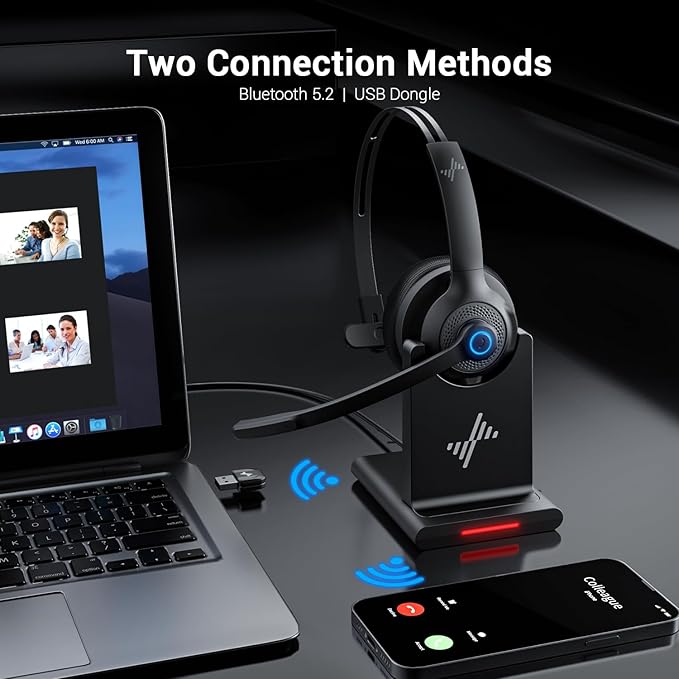 JIAMQISHI Bluetooth Headset - Wireless Headset with Noise Cancelling Microphone, V5.2 Computer Headphones with USB Dongle, Charging Base & Mic Mute for Work/Call Center/PC/Laptop/Online Class/Zoom