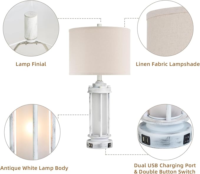 AIEAMPDO 25" Set of 2 Antique White Rustic Table Lamps 2 USB C+A Ports | - Image 6