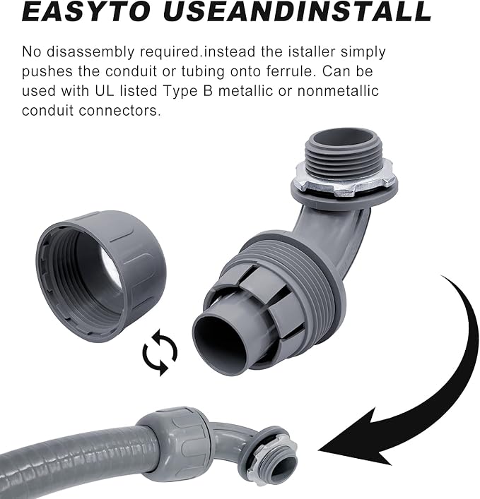 1/2 inch Liquid Tight Connector PVC Flexible Conduit Connector UL Listed Liquid Tight Connector Non-Metallic Electrical Conduit Fittings 30 Pack (15 pcs 180D/15 pcs 90D)
