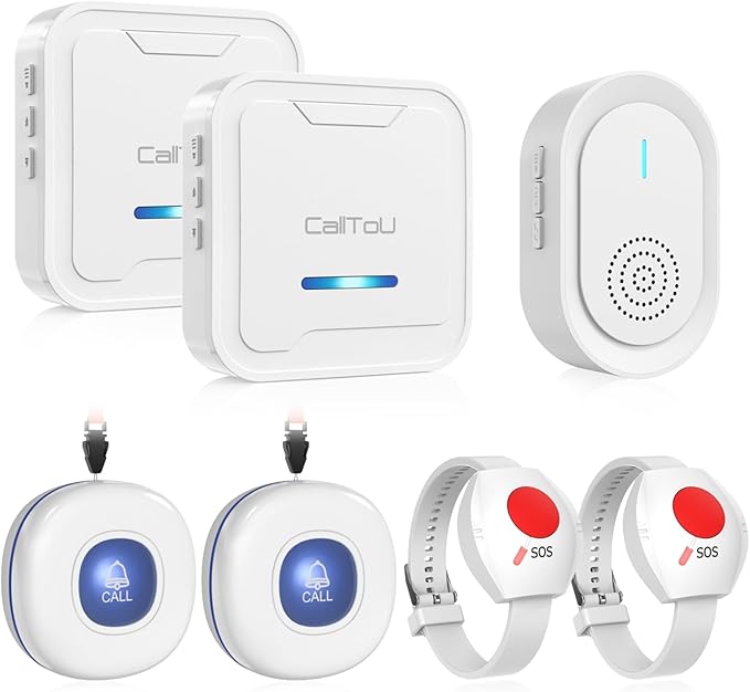 CallToU Wireless Caregiver Pager Call Button for Elderly - Nurse Alert System with 4 SOS Panic Button, 500+ Feet Range, 1 USB Receiver & 2 Plug-in Receiver for Home Care Seniors Monitoring