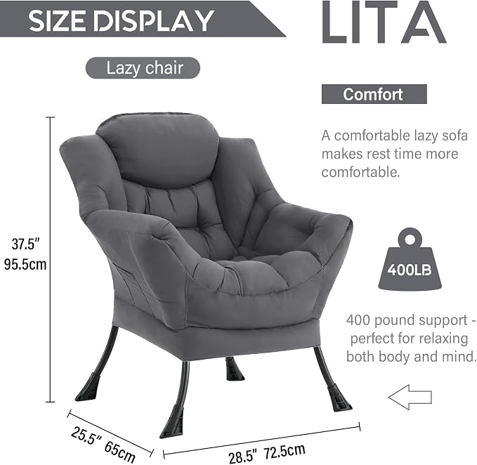 Lazy Chair with Ottoman, Comfy Accent Reading Chair, Dark Grey | Foldable - Image 3