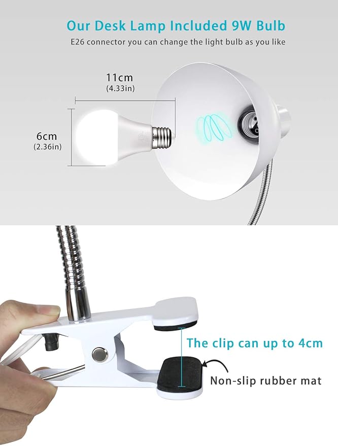 Desk lamp Eye-Caring Table Lamps, 360°Rotation Gooseneck Clip on Lamp Reading - Image 5