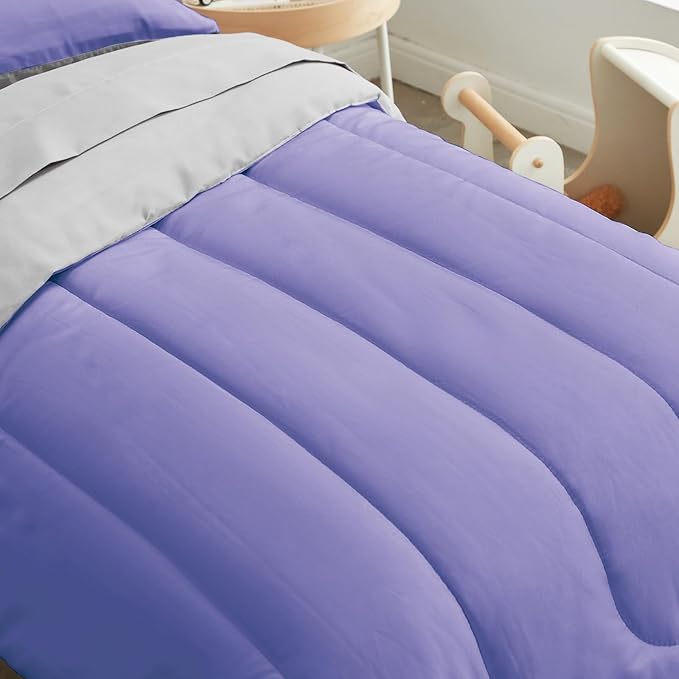 UOZZI BEDDING 4 Pieces Toddler Bedding Set Ultra Soft and Breathable Toddler Sheet Set - Includes Comforter, Flat Sheet, Fitted Sheet and Pillowcase - Purple & Gray