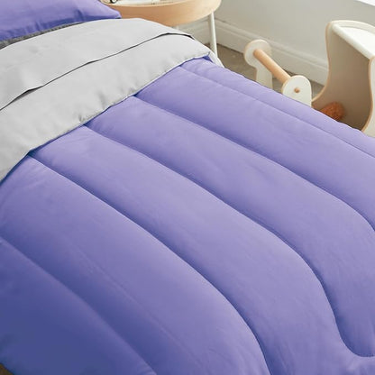 UOZZI BEDDING 4 Pieces Toddler Bedding Set Ultra Soft and Breathable Toddler Sheet Set - Includes Comforter, Flat Sheet, Fitted Sheet and Pillowcase - Purple & Gray