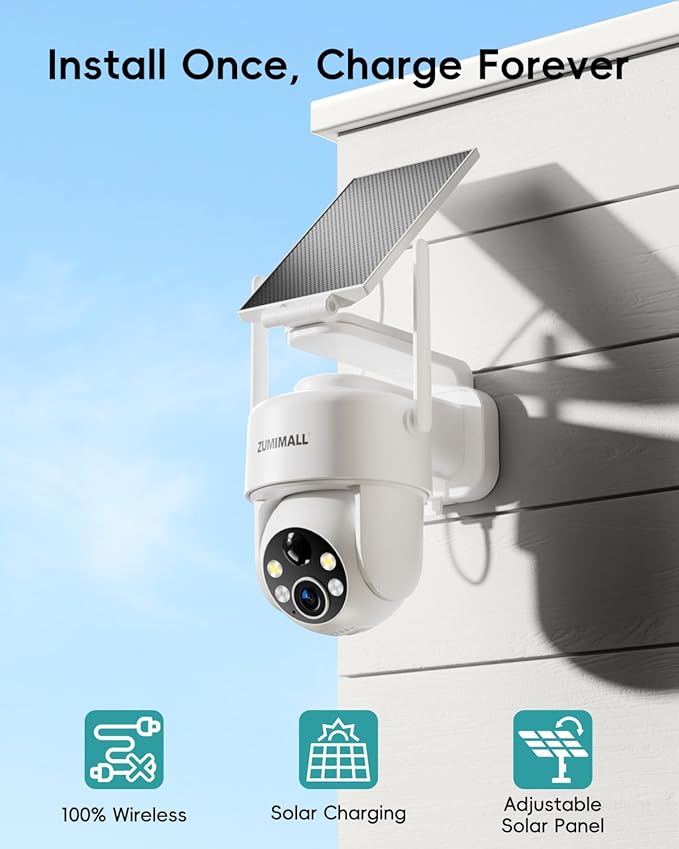 ZUMIMALL 2K Solar Security Cameras Wireless Outdoor | 360° PTZ View Control via App | 2.4G WiFi, Color Night Vision, 2-Way Talk, PIR Motion Detection, Free Rolling 7-Day Cloud Storage, No Monthly Fee