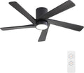 WINGBO 48 Inch Flush Mount DC Ceiling Fan with Lights and Remote, 5 Reversible Carved Wood Blades, 6-Speed Noiseless DC Motor, Hugger Ceiling Fan in Black Finish, Low Profile Ceiling Fans, ETL Listed