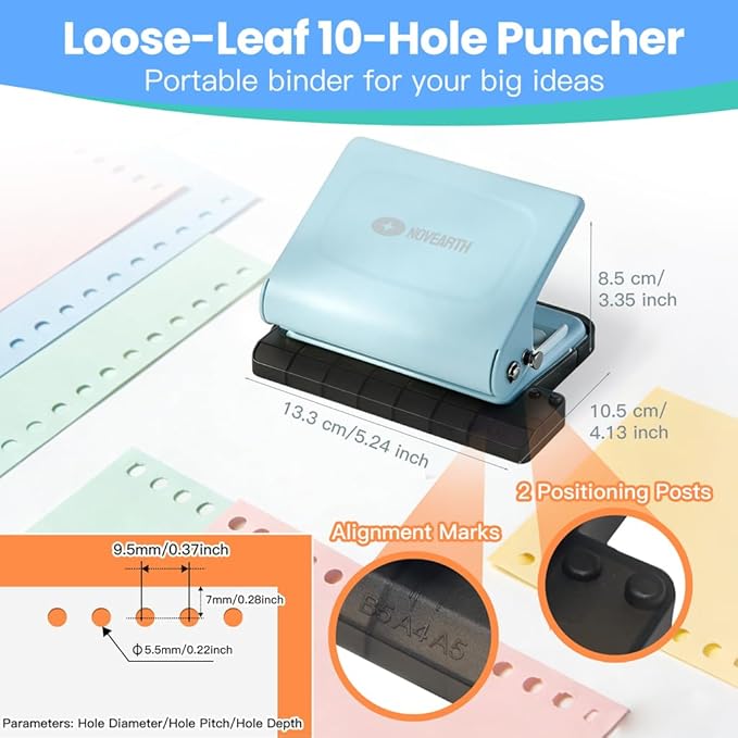 10-Hole Binding Machine for Planners,Metal Punch Loose Leaf Tool 26 Holes for B5, 30 for A4, 20 for A5 Paper,Handheld Manual Book Binder,Notebook Puncher for Home, Office, School, DIY Projects