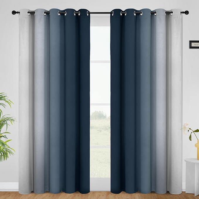 COSVIYA Grommet Room Darkening Ombre Navy Blue Curtains W62xL84 inch | Navy and - Image 2