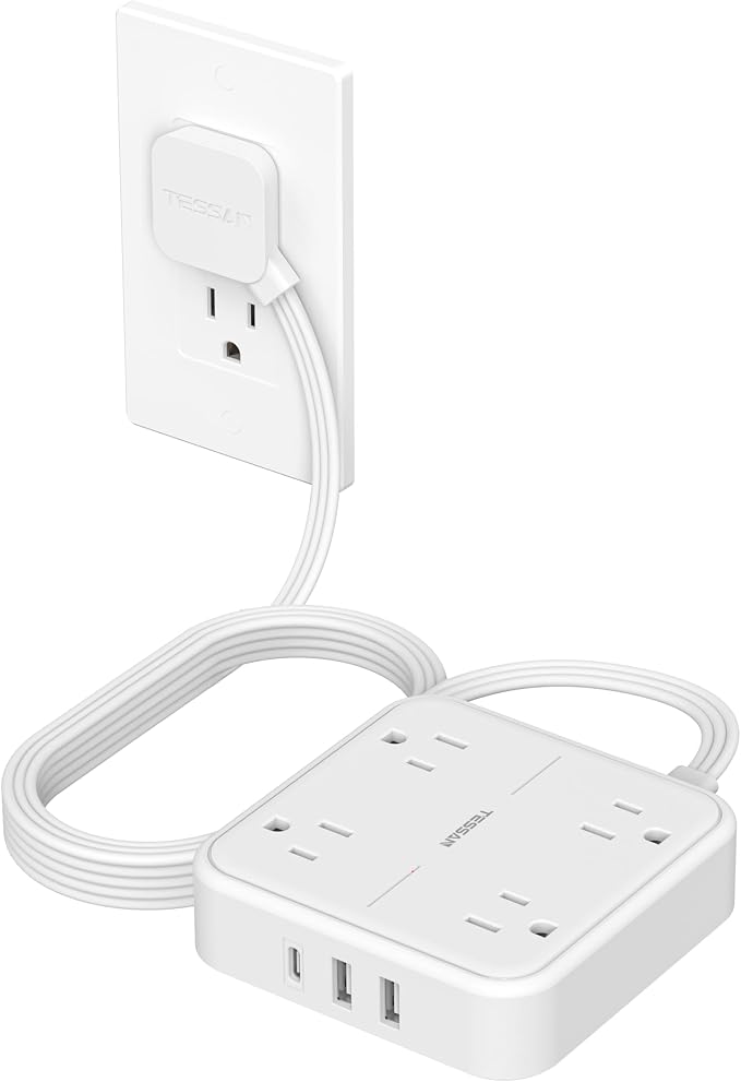 TESSAN Surge Protector Flat Extension Cord 10Ft, Flat Plug Power Strip | 4 by TESSAN