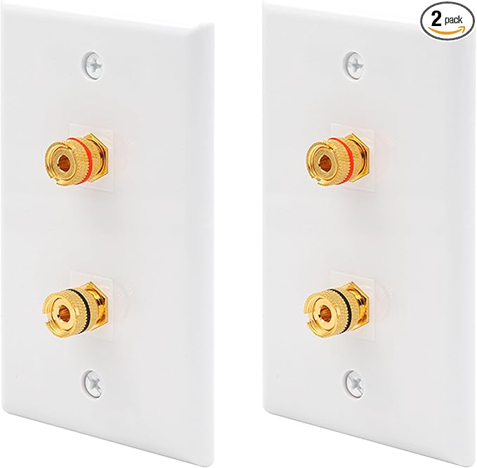VCE UL-Listed Speaker Wall Plate Gold-Plated, 2-Port Keystone Wall Plate with Banana Jack Binding Post Keystone Jack Insert for Speakers, 2 Pack