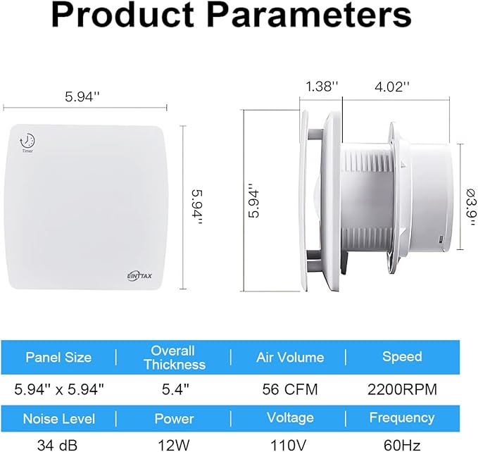 EINTTAX 4 Inch Exhaust Fan, 56CFM Wall Mount Bathroom Exhaust Fan with Timer and Backdraft Damper, Quiet Window Mount Extractor Ventilation Fan for Bathroom Kitchen Garage, 12W, White