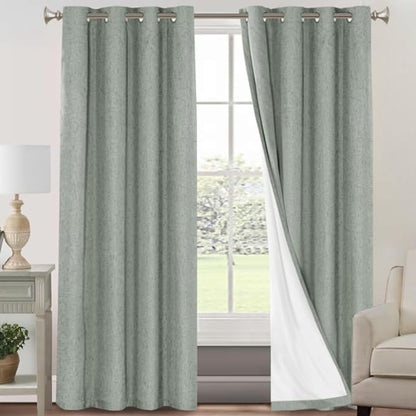PrinceDeco Linen 100% Blackout Curtains 84 Inches Length 2 Panels Set Grommet Curtains for Living Room Bedroom Thermal Insulated and Room Darkening Linen Curtains with White Liner,Green Bay,W42 X L84