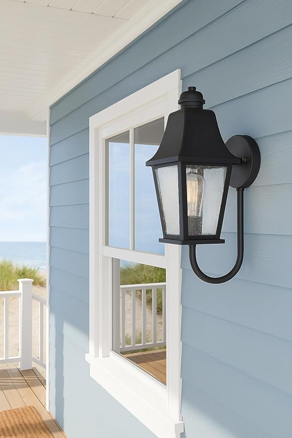 Hinkley Kingston Single Light Wall Mount Outdoor Lantern - Oversized Sweeping Roof & Bottom Arm, Aluminum, Clear Seedy Glass - Black Finish