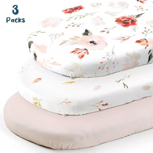 Stretchy Ultra Soft Bassinet Fitted Sheets 3 Pack, Universal Fitted for Bassinets Oval Rectangle Mattress, Pretty Bassinet Sheets for Baby Girls, Watercolor Rose Flora Orange Pink