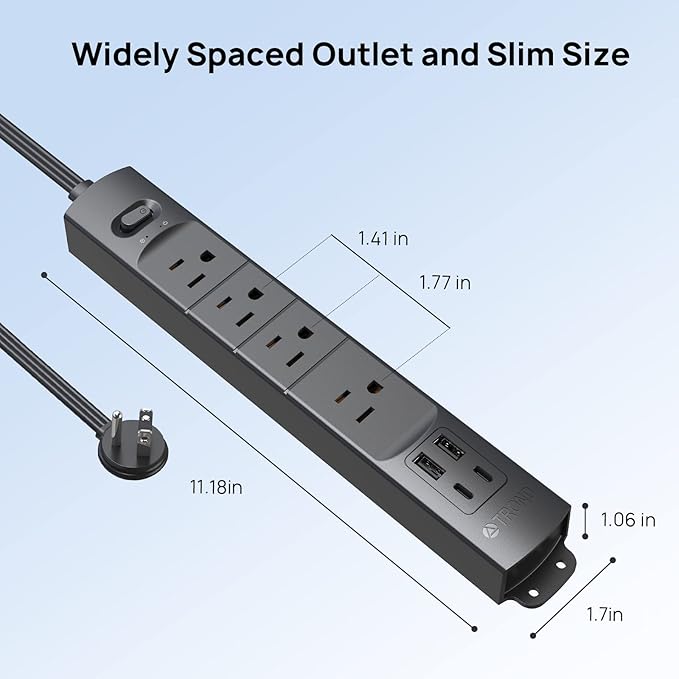 TROND 15ft Long Extension Cord with 2 USB C, ETL Listed, Ultra-Thin Flat Plug Power Strip, Slim Surge Protector, 4 Outlets 4 USB Ports, Wall Mount, Office Accessories Dorm Room Essentials, Black