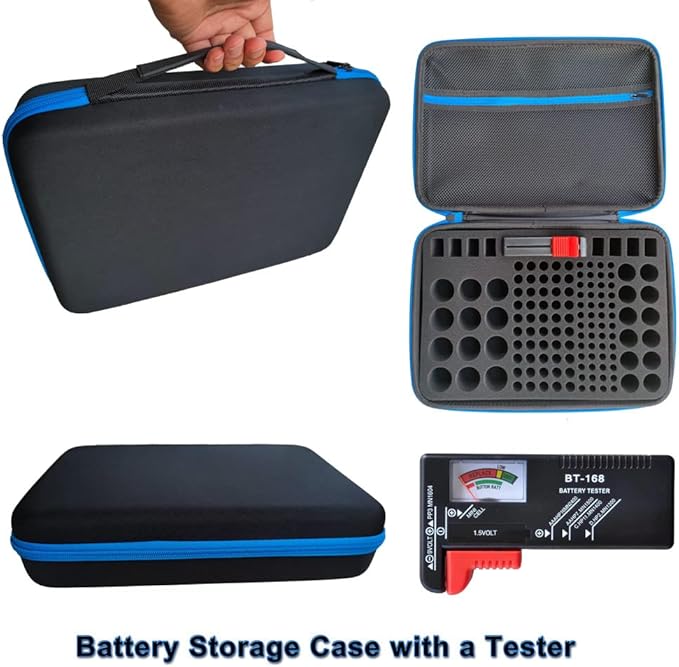 YAWEWYA Battery Organizer Storage Case with Tester:Battery Holder Box Garage Organizer Battery Vault Daddy Box with Zipper Mesh Pocket Fit for 18650 Batteries AA AAA C D 9V etc