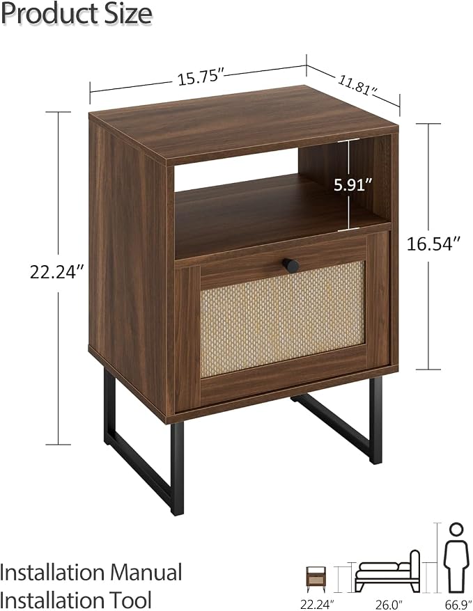 Masupu Rattan Nightstand, Modern Boho Farmhouse Wood Bedside Table - Image 2