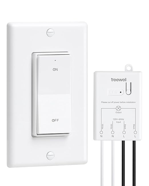 TREEWELL Wireless Light Switch and Receiver Kit, Decorator Rocker Wall Switch, 200FT Long Range RF Remote Control, No in-Wall Wiring Required, Programmable & Expandable for Ceiling Light, Fans, Lamps