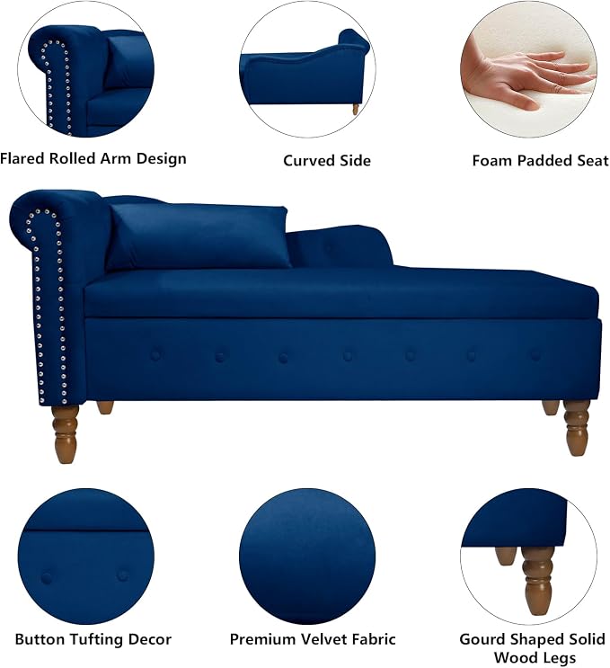 Aoowow Blue Velvet Bedroom Storage Bench End of Bed, Rolled Arm Couch Indoor - Image 3