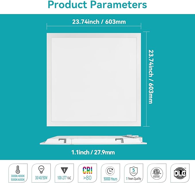 VocgoUU 2x2 LED Flat Panel Light, 4 Pack, Selectable 30W/40W/50W, 3000K/4000K/5000K/6000K, 0-10V Dimmable, ETL Certified, 5500LM, Drop Ceiling Office Lighting