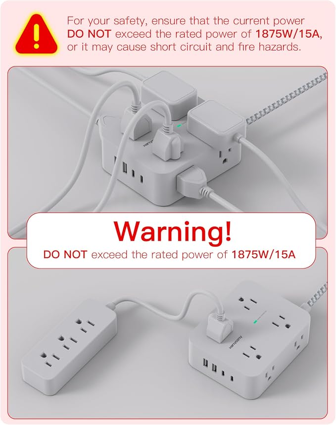 HANYCONY Surge Protector Power Strip, 5 Ft Braided Extension Cord | 8 Outlets 4 - Image 8