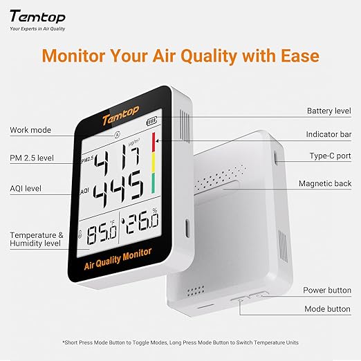 Temtop Air Quality Monitor Indoor Thermo-Hygrometer - PM2.5, AQI, Temperature, and Humidity Meter for Home, Office, or School, Air Quality Measurement, 60-Day Battery Life