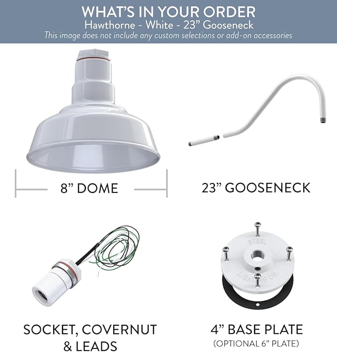 Steel Lighting Co. Hawthorne Barn Light | Outdoor Wall Mounted | 8 inch Dome | 23 inch Gooseneck| Small Farmhouse Light Made in America | White Exterior/White Interior