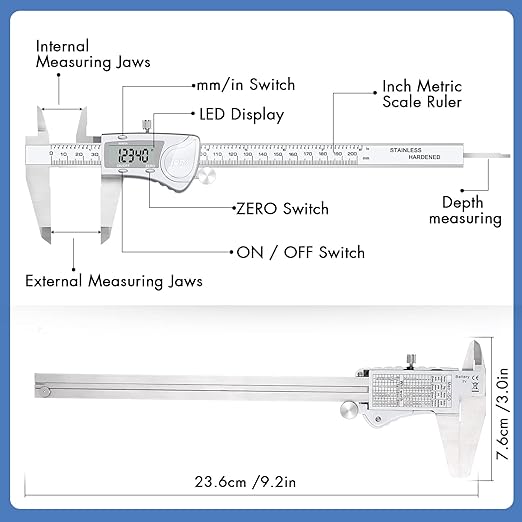 Simhevn Electronic Digital Calipers, inch and Millimeter Conversion,LCD Screen displays 0-6" Caliper Measuring Tool, Automatic Shutdown, Suitable for DIY/Jewelry Measurement (200mm Stainless Steel)