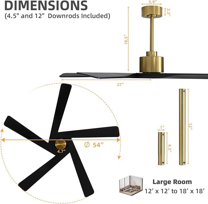 WINGBO 54" ABS DC Ceiling Fan No Light, 5 Blade ABS Plastic Ceiling Fan with Remote, 6-Speed Reversible DC Motor, Ceiling Fans without Light for Kitchen Bedroom Living Room, Brass and Matte Black