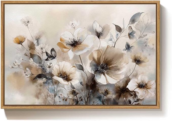 Framed Neutral Floral Wall Art, Vintage Beige Botanical Flower Canvas Artwork - Image 9