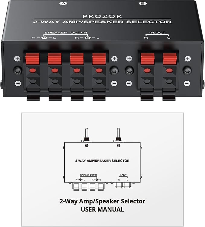 PROZOR 2-Zone Speaker Switch Box, 2-Way Amp/Speaker Selector with Independent A/B Control, Passive Stereo Switcher for Amplifier and Receiver, 150W RMS per Channel, Support 4–16Ω Speakers