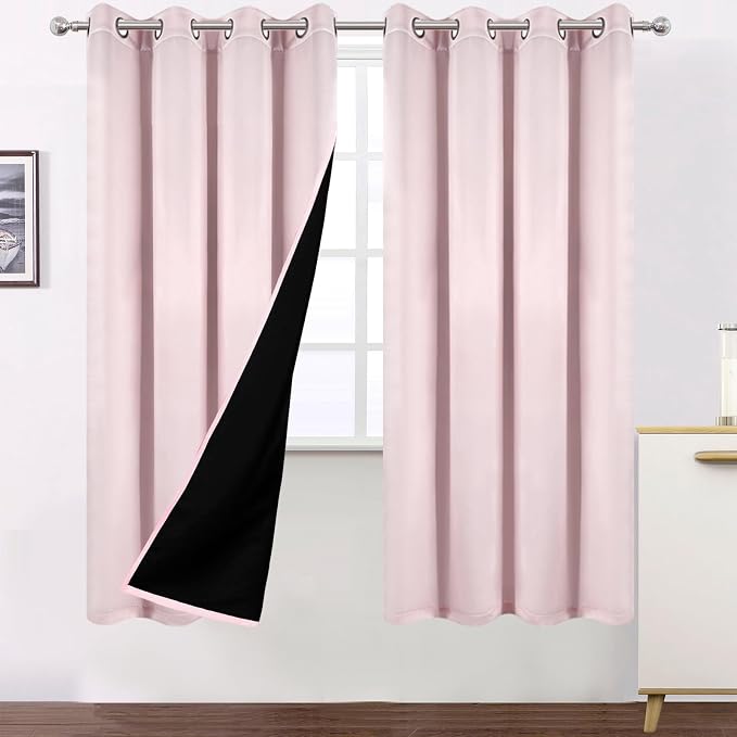 100% Blackout Curtains 52 x 72 Inches Long Thermal Insulated Baby Pink Curtains by Lemomo