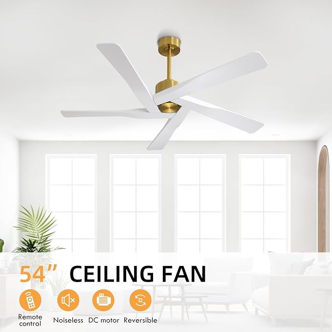 WINGBO 54" ABS DC Ceiling Fan No Light, 5 Blade ABS Plastic Ceiling Fan with Remote, 6-Speed Reversible DC Motor, Ceiling Fans without Light for Kitchen Bedroom Living Room, Brass and White