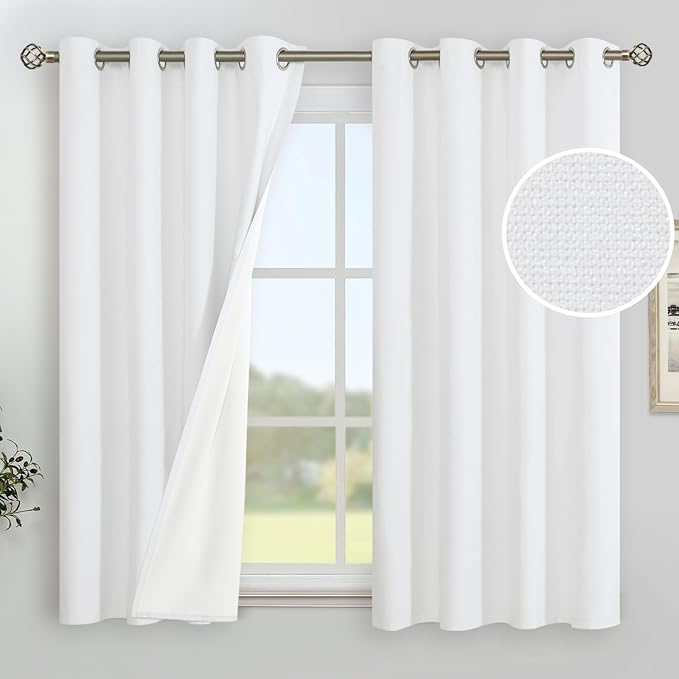 YoungsTex White Linen Blackout Curtains 45 Inch Length, Full Room Darkening by YoungsTex