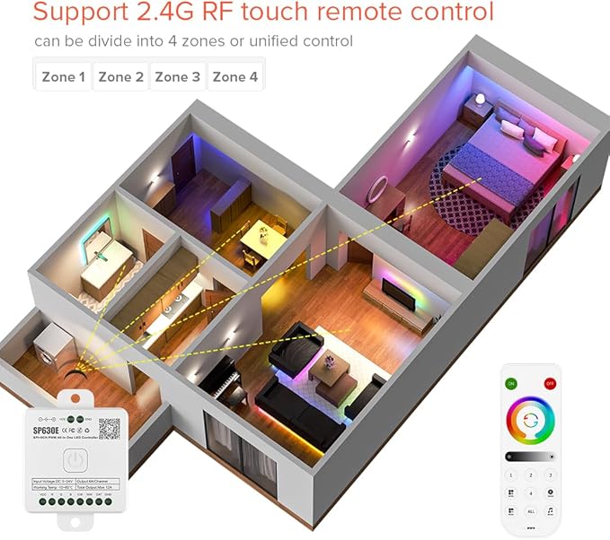 BTF-LIGHTING SP630E Bluetooth Controllers 4 Zones 2.4GHz RF RB4 Remote Kit Support FCOB COB SMD PWM RGBCCT RGBWW LED Strip DC5V DC12V DC24V